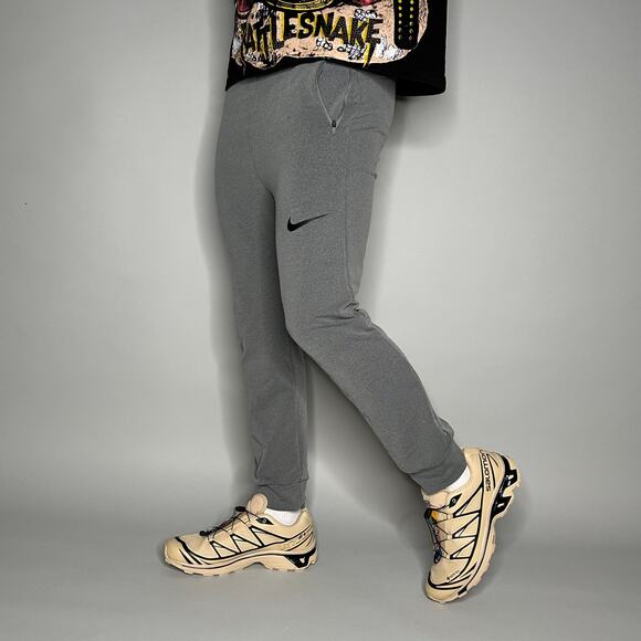 Nike Sweatpants Grey Cotton Joggers Black Swoosh DriFit